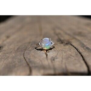 Round Opal Engagement Ring, Natural Ethiopian Opal, Sterling Silver (Size 5)